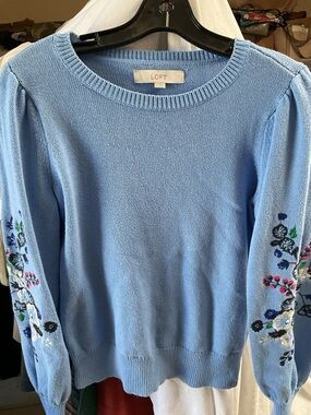 LOFT Sky Blue Crewneck Sweater with Embroidered Floral Sleeves